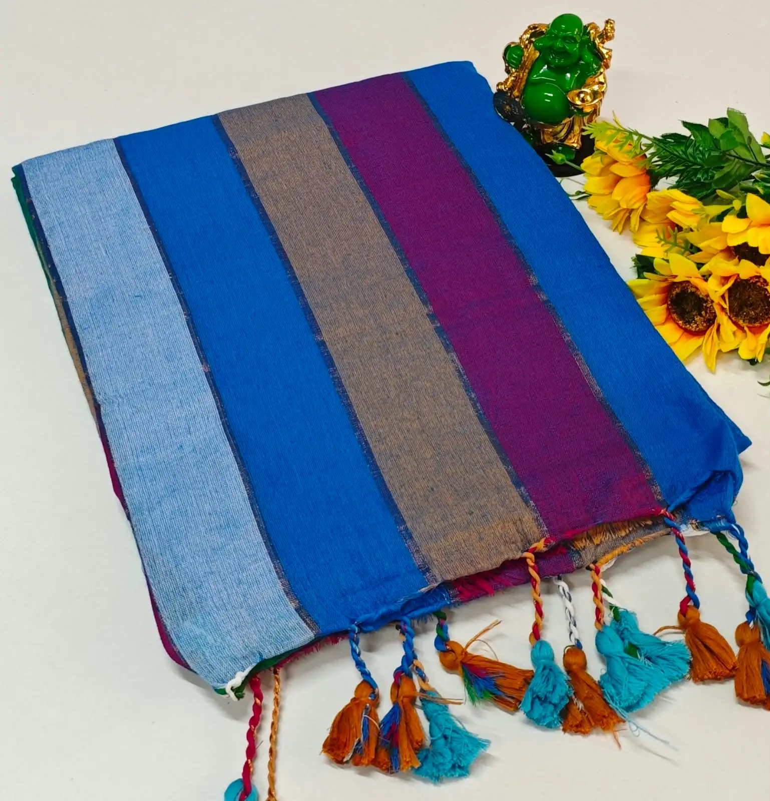 Rainbow Stripe Slub Khadi Cotton Saree